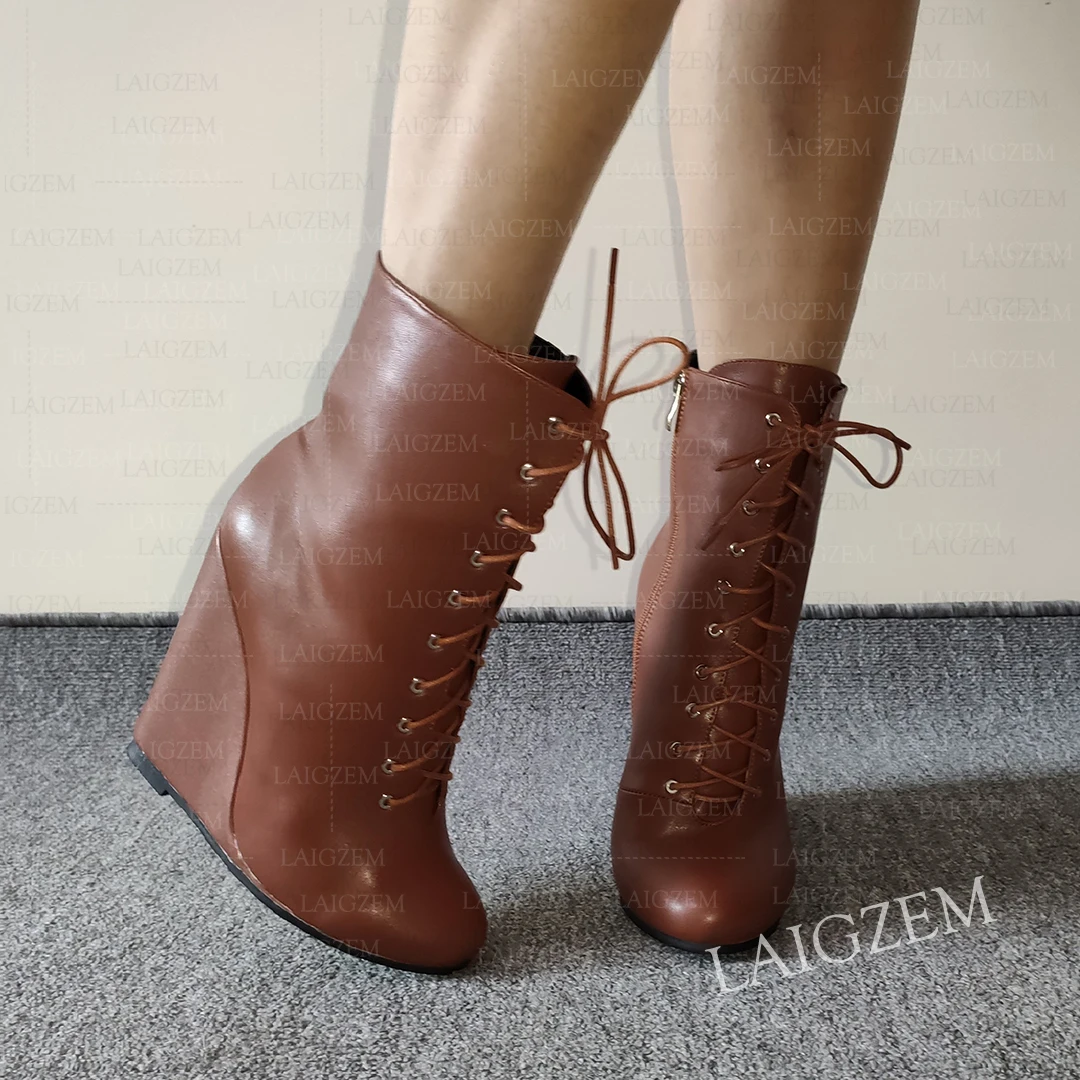 LAIGZEM Damen-Stiefeletten mit Keilabsatz, runder Zehenbereich, seitlicher Reißverschluss, kurze Stiefeletten, Kunstleder-Schuhe, Damen, große Größe 38, 43, 48, 52