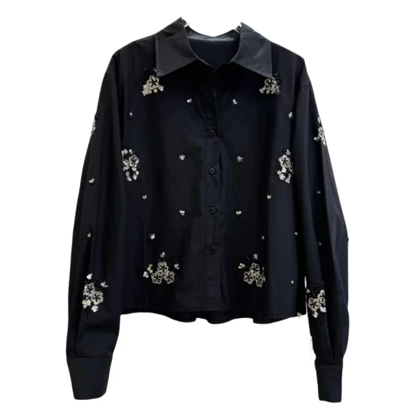 Sequins Embroidery Cotton Shirts Blouses Women's Long Sleeve Loose Casual Elegant Tops Femme Clothing Korean Popular Clothes