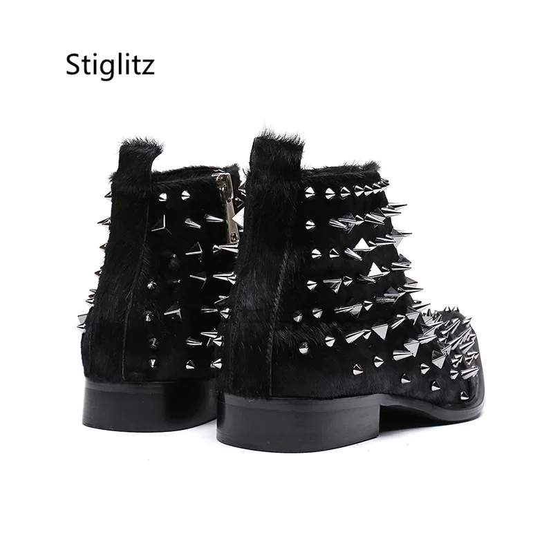 Punk Nieten Rosshaar Herren Stiefel Spitzschuh Seitlicher Reißverschluss High Top Stiefeletten Schwarz Business Party Schuhe Winter Chelsea Stiefel