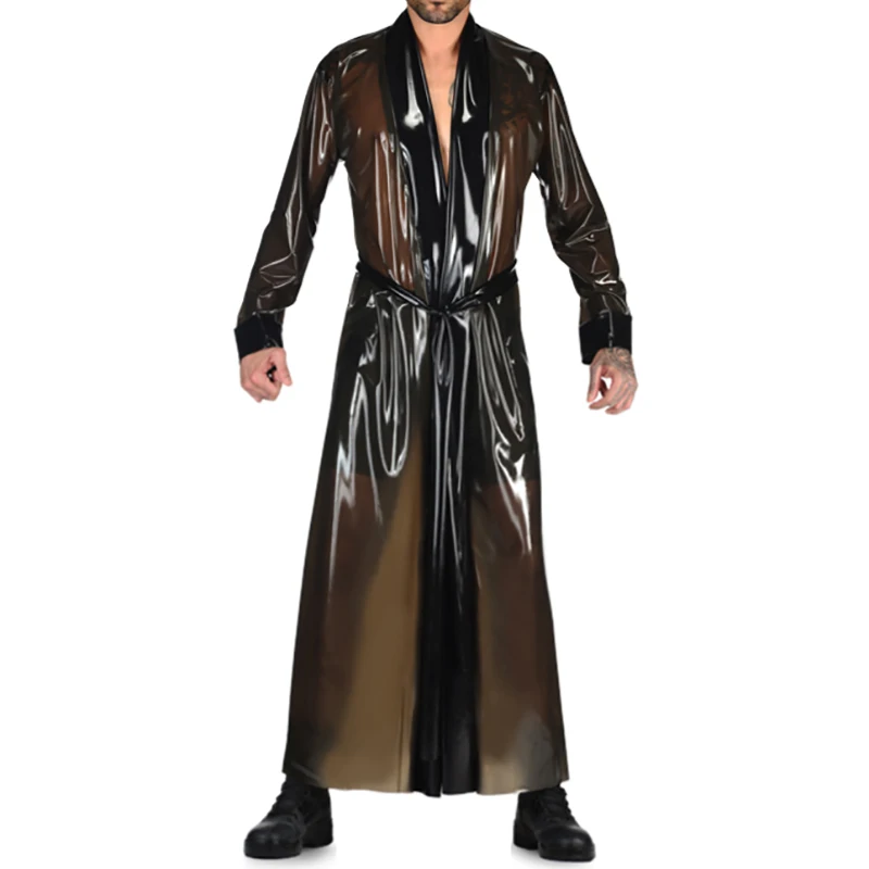 Transparente braune und schwarze lange lose sexy Latex-Nachtrobe, Schalkragen, Gürtel, Gummi-Kimono, Badwickel, Kleidungsstück, Mantel, Jacke 281 Image