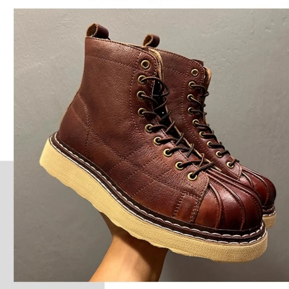 QHCCID Trendy Street Style Herrenschuhe Weicher Boden Rindsleder Shell Toe Motorrad Arbeitsstiefel Retro High Top Kurze Stiefel