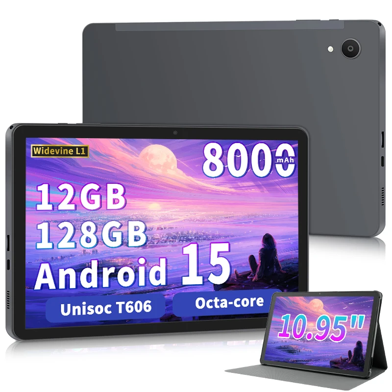Android-Tablet 10,95 Zoll, 2025, Android 15 Tablet für Kinder und Erwachsene, 12 GB RAM, 128 GB Speicher, 1 TB erweiterbar, Dual-Kameras, 8000 mAh Image