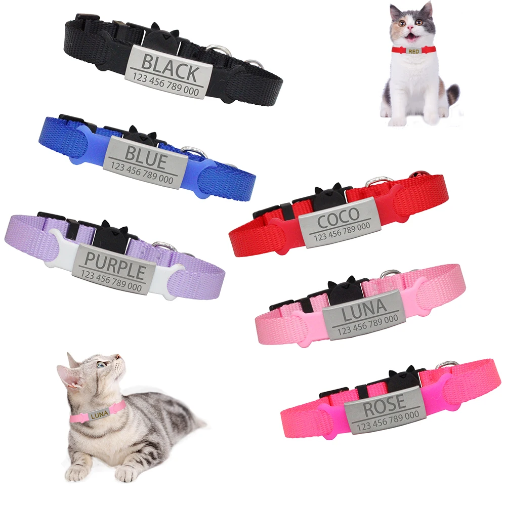 Personalisiertes Ausweis-Katzenhalsband, Sicherheit, abtrünniger kleiner Hund, Gravur, niedliches Nylon, verstellbar, für Welpen, Kätzchen, Halskette Image