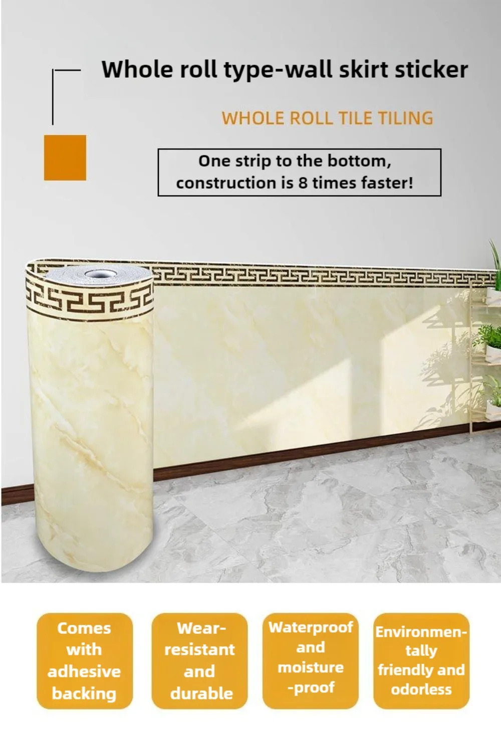 90 x 300 cm große Winscoting-Paneele zum Abziehen und Aufkleben – wasserdicht im Marmoroptik – Abdeckung von Wandsgeschwüren in Badezimmern, Küchen – ideal für Mieter