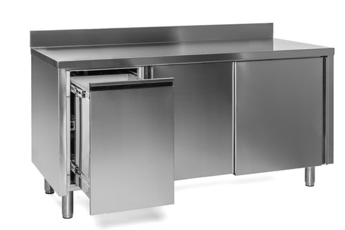 VM Europa Edelstahl Arbeitsschrank mit Abfallbehälter links, mit Zwischenboden - alle Größen montiert: 160 x 70 cm / mit Aufkantung / fertig montiert Image