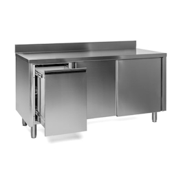 VM Europa Edelstahl Arbeitsschrank mit Abfallbehälter links, mit Zwischenboden - alle Größen montiert: 140 x 60 cm / mit Aufkantung / fertig montiert Image