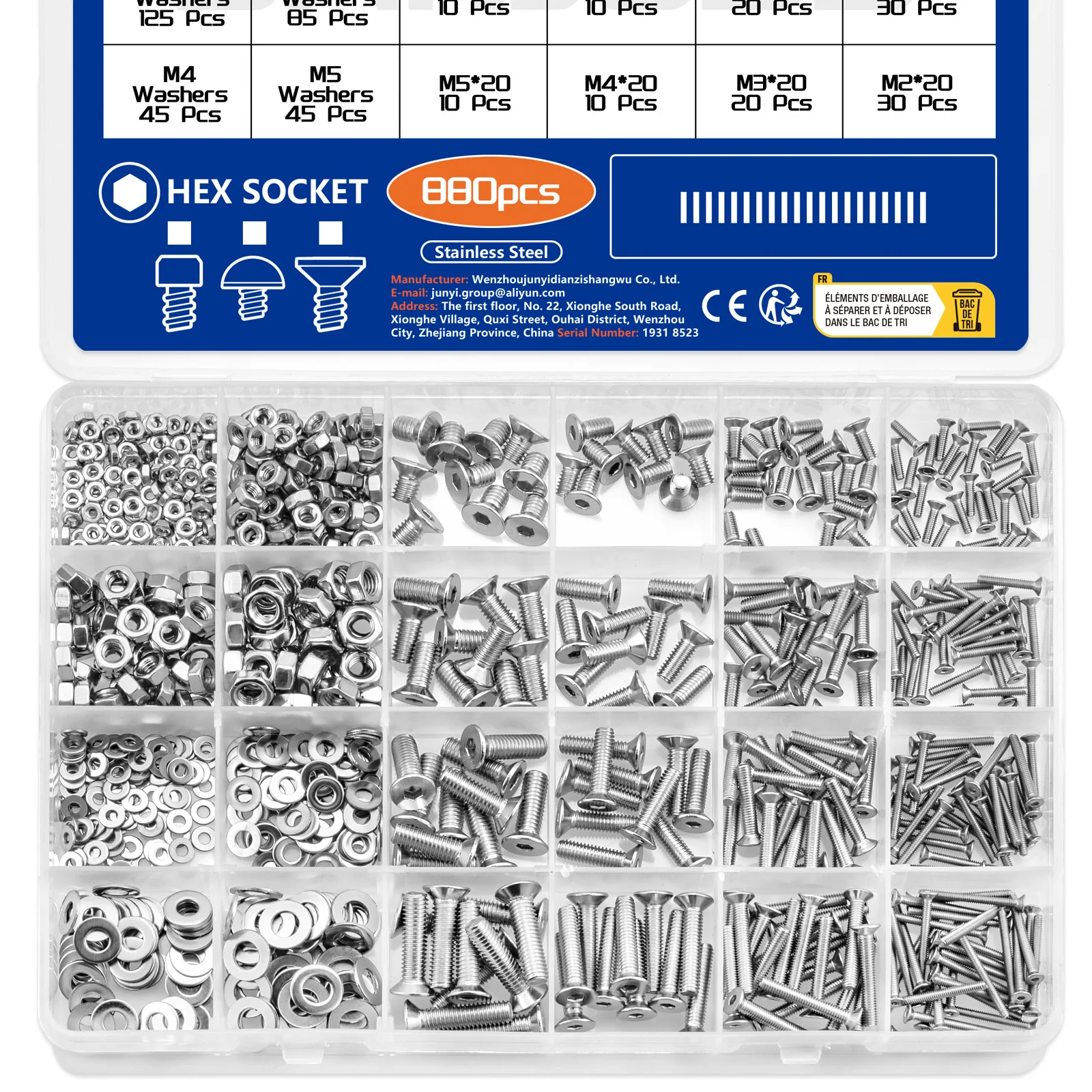 880-teiliges Sortiment an Innensechskantschrauben mit Innensechskant aus Edelstahl 304, M2, M3, M4, M5, Senkkopfschrauben-Set mit Aufbewahrungsbox Image