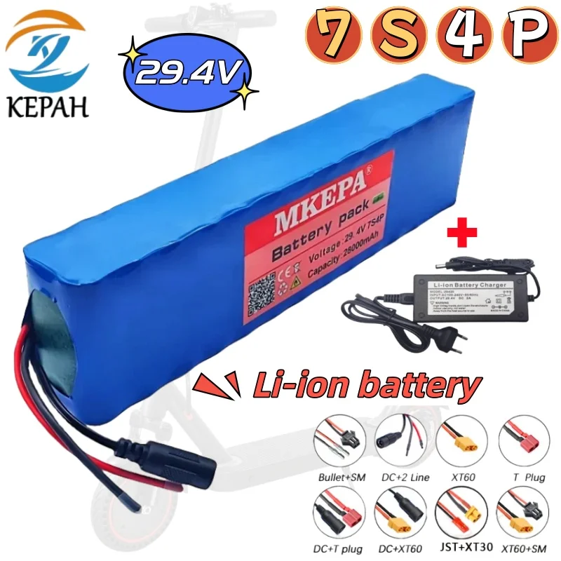 Batteria agli ioni di litio 7S4P 24V 28Ah 18650 Batteria agli ioni di litio da 25,2 V 28000 mAh, adatta per batterie per biciclette/scooter + caricabatterie 29,4 V