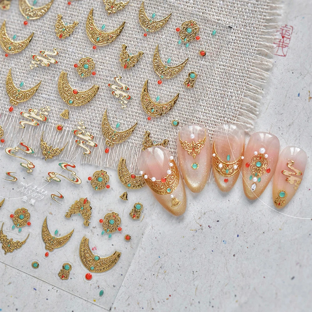 1Pc Retro Goldene Auspicious Wolken Französisch Nagel Aufkleber Chinesischen Stil Dunhuang Farbe Edelsteine Nagel Abziehbilder DIY Luxus Maniküre Slider Image