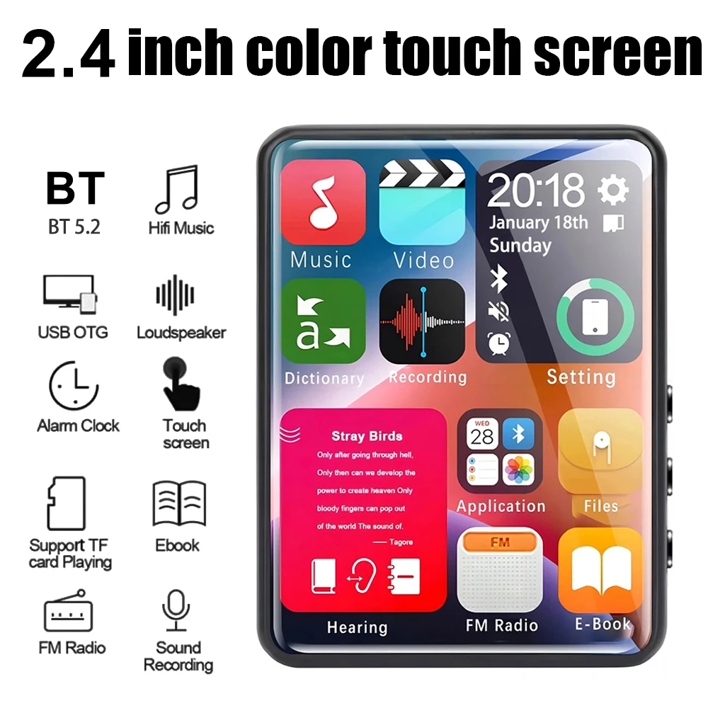 MP3-Player Bluetooth 5.2 HiFi-Musik-Player Eingebauter Lautsprecher 2,4 Zoll Touchscreen Tragbarer Sport-Walkman mit FM-Radio-Aufnahme Image