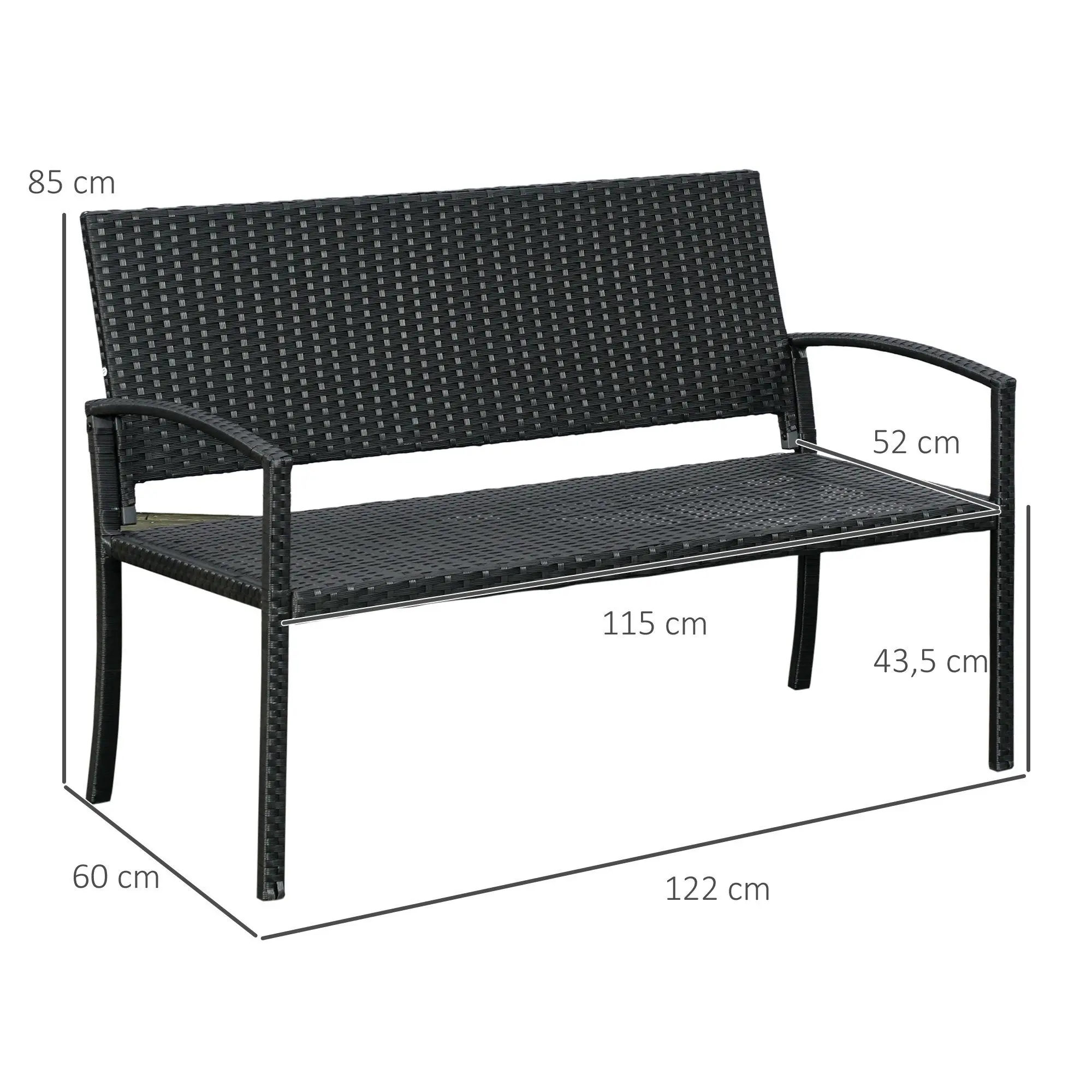 Outdoor-Loveseat-Bankstuhl für die Veranda im Freien, Metallrahmen, schwarz, braun, wetterfestes Korbgeflecht