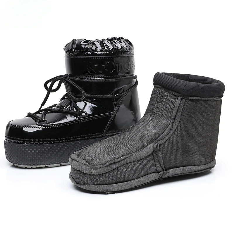 Schwarze Skischuhe für Damen, elegante weiße Stiefeletten, PU-Leder, wasserdicht, weich, bequem, flach, 4,5 cm Plateau-Schneestiefel