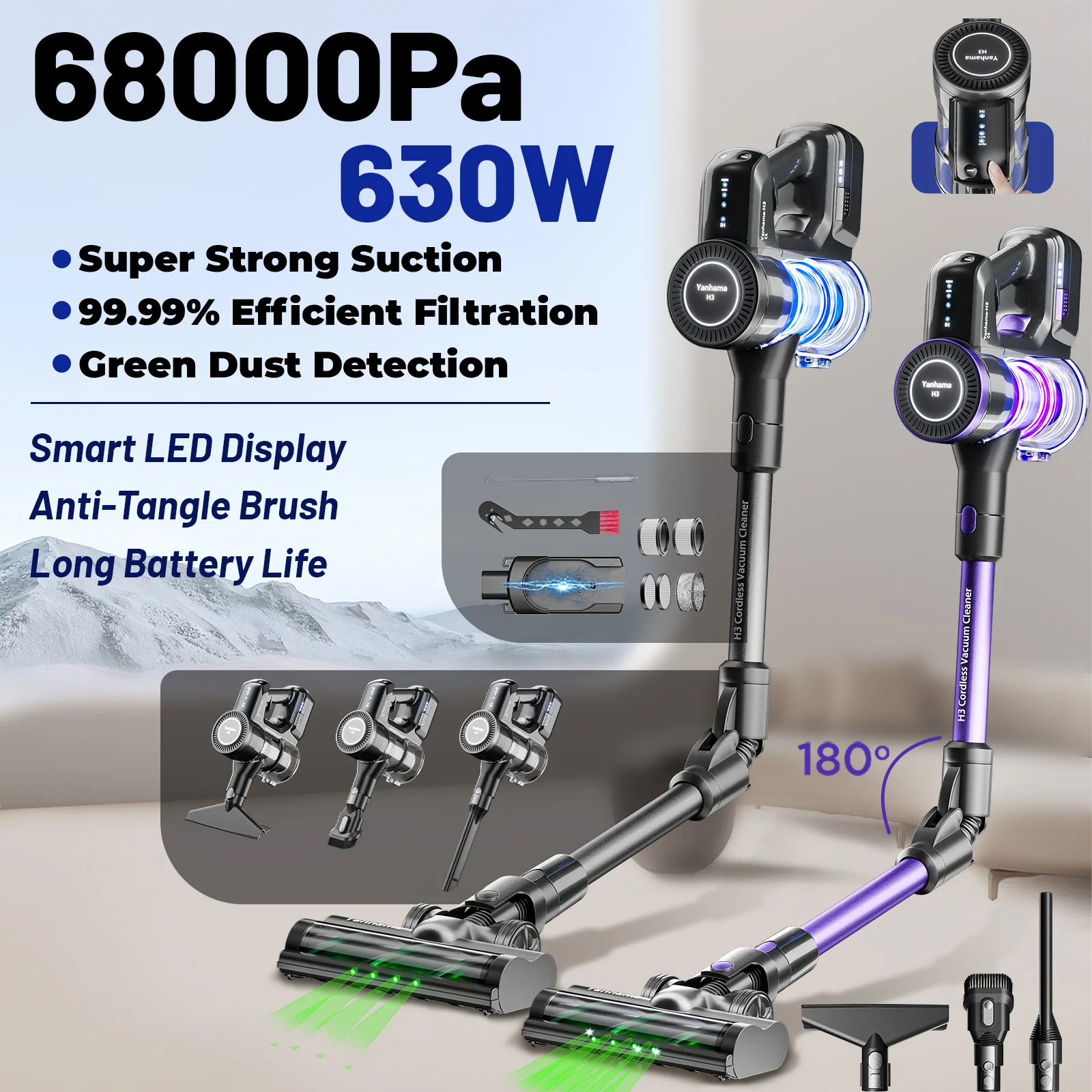 Yanhama Akku-Staubsauger – 68000 Pa/630 W Stabstaubsauger mit Ladewanddock, leichter Handstaubsauger für Teppiche Image