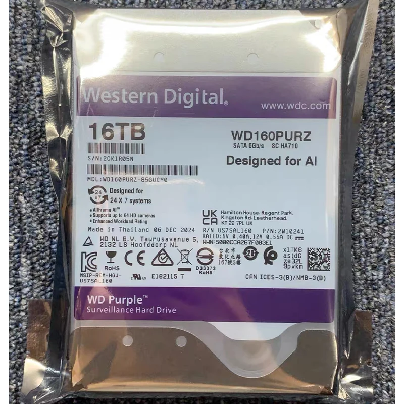 WD-16TB (WD160PURZ) Festplatte 3,5" SATA 7200RPM für Überwachungsfestplatte FÜR Ai Image
