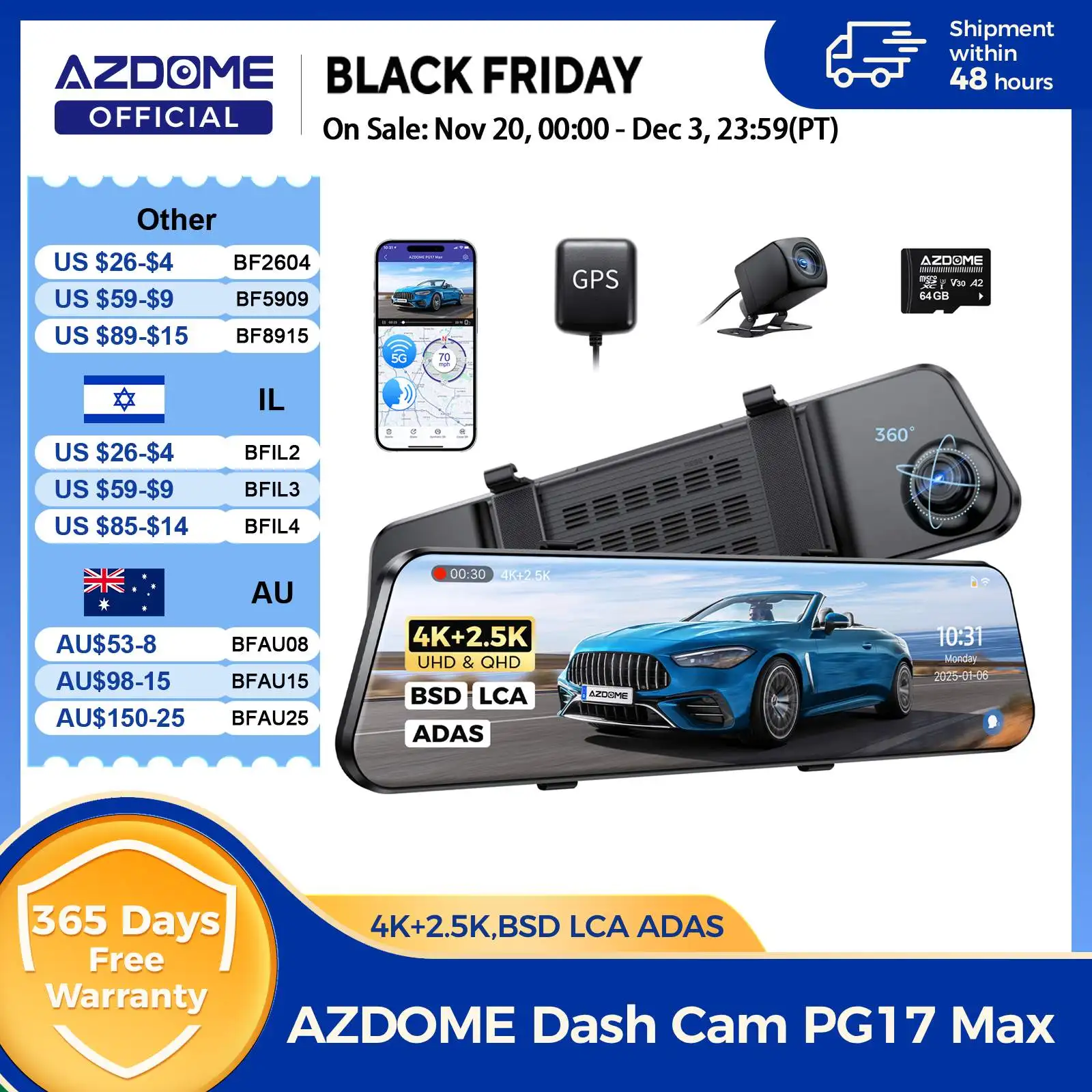 AZDOME 4K+2,5K Rearview Dash Cam PG17 Max 12'' Touchscreen Spiegel Dash Cam mit ADAS BSD LCA Auto DVR Loop Aufnahme 24H Parkplatz