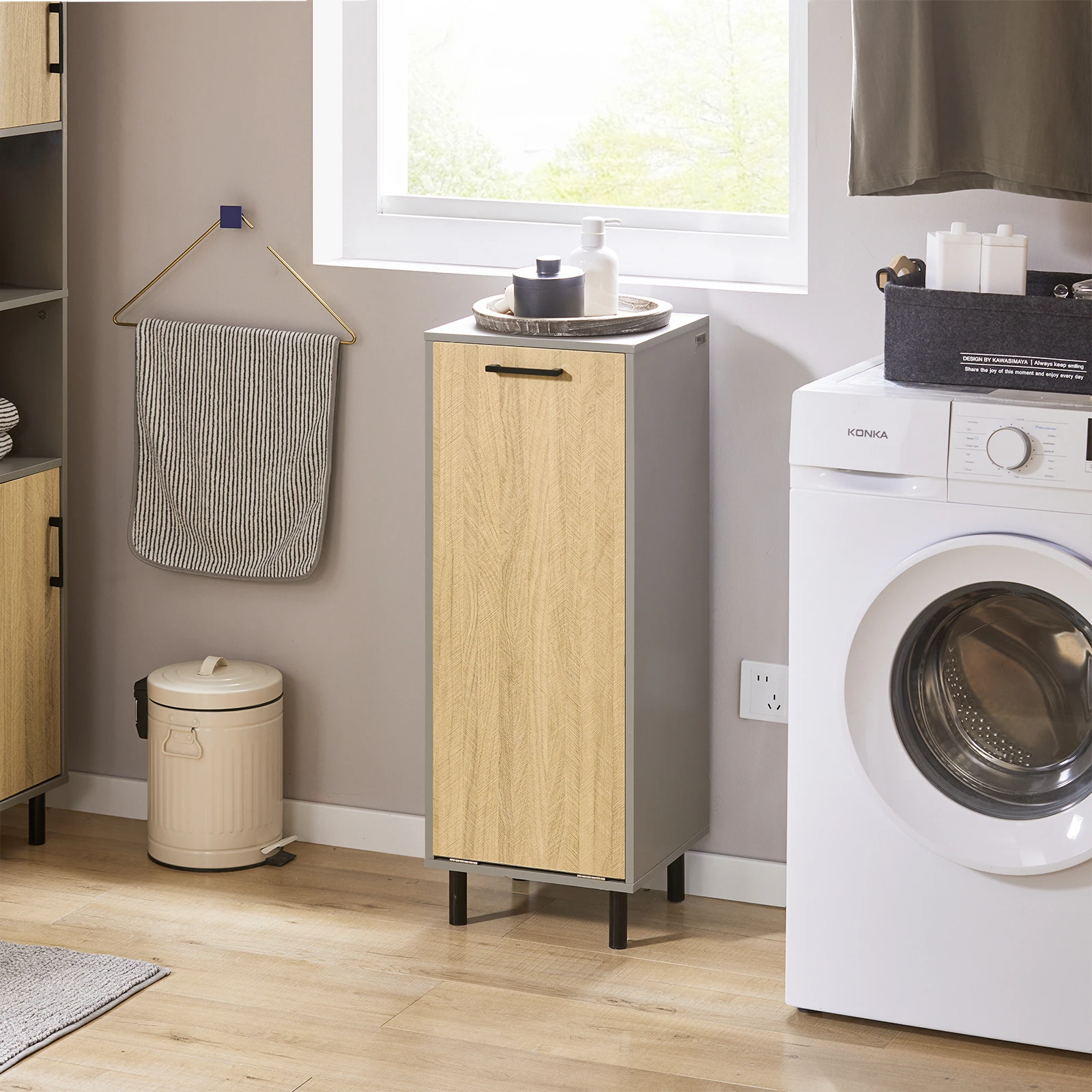 SoBuy BZR132-NG Wäscheschrank mit ausklappbarem Wäschesack Wäschetruhe Wäschekorb Badschrank Naturgrau BHT ca. 31,5x86x30cm Image