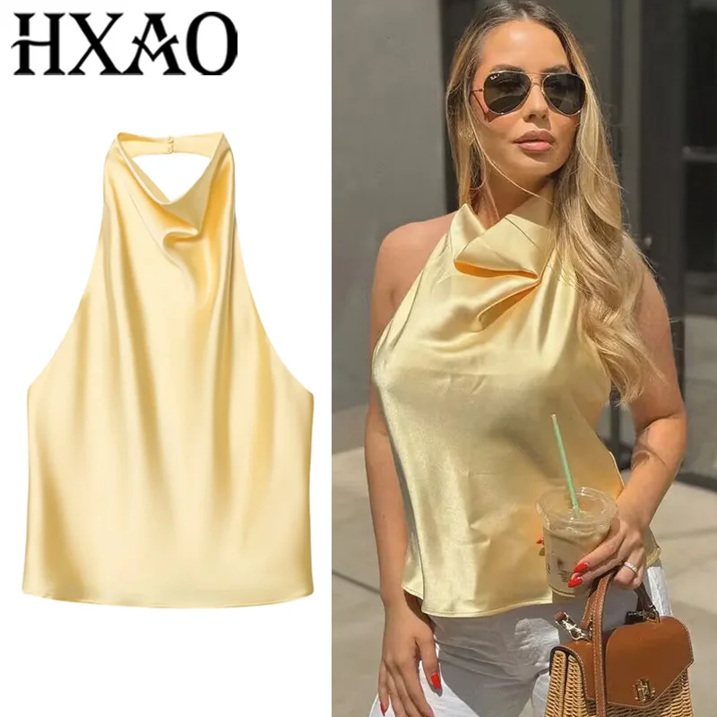HXAO Woman Tops Summer Yellow Halter Top Women Sleeveless Satin Crop Top Backless Sexy Tanks Womens Tops Vest Black Pink Top