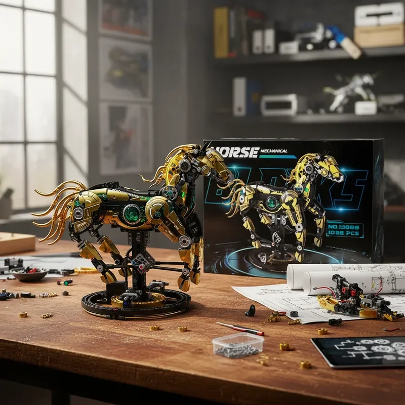 Mechanisches Pferd DIY Bausteine MOC Modell Kreatives technisches Ziegelset für Erwachsene Kinder Geburtstag Weihnachten Halloween Geschenke Image