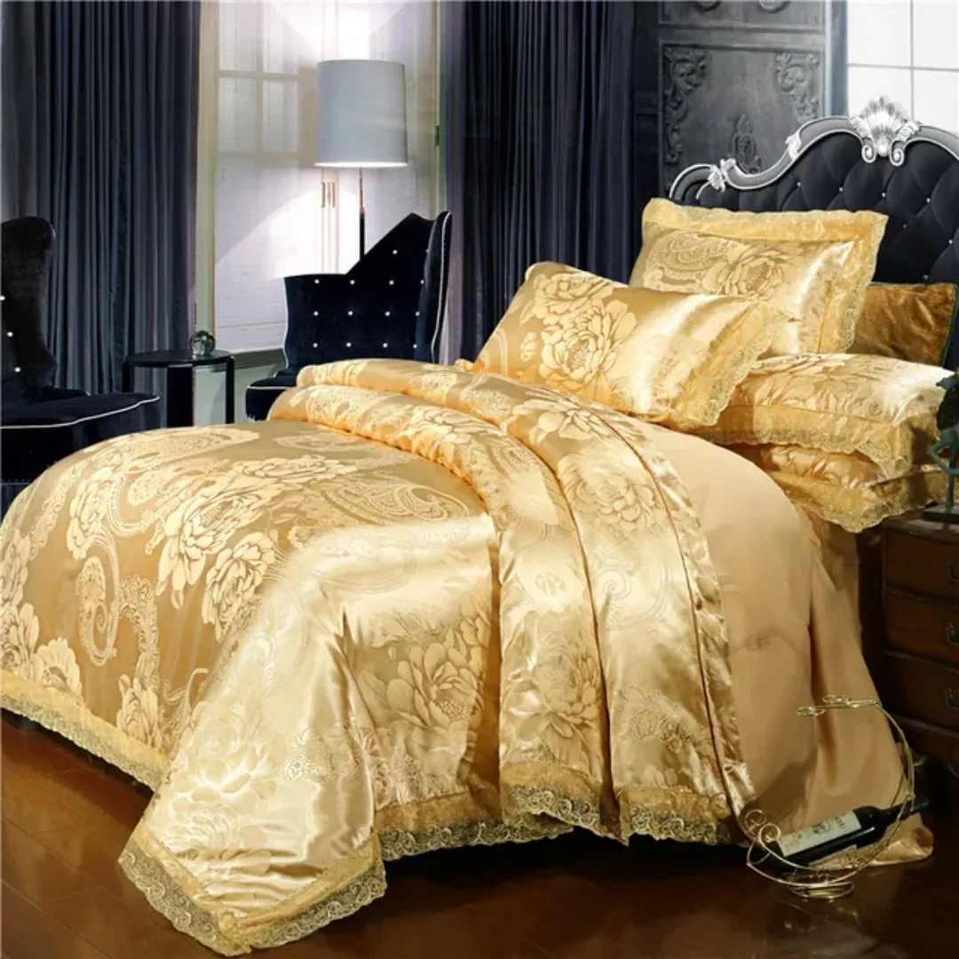 Luxuriöses goldenes Bettbezug-Set, nordisches Satin-Jacquard-Bettwäsche-Set, Twin Queen King, Doppelbettbezug-Set für Zuhause und Dekoration Image