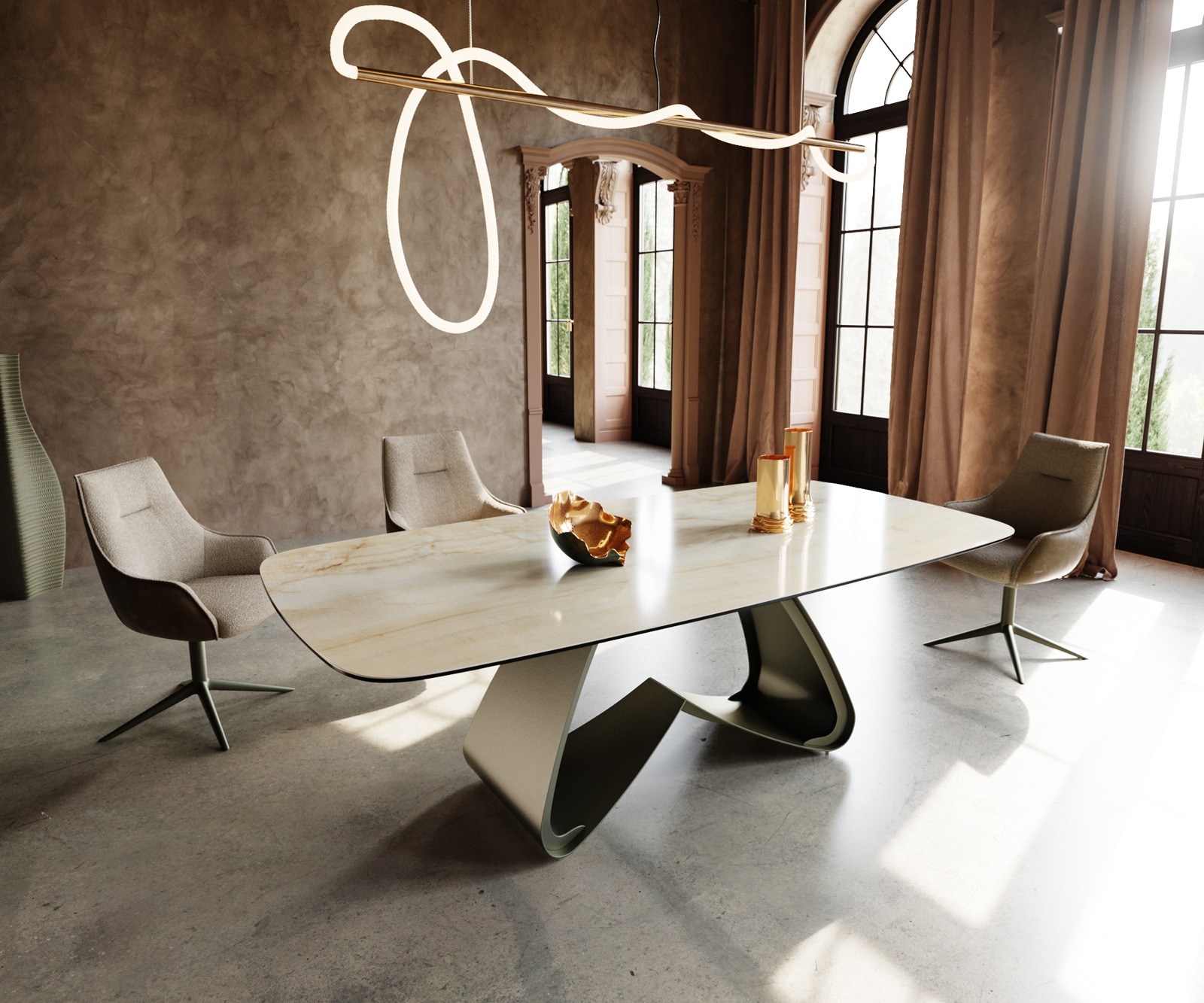 DELIFE Esstisch Edge Boot 240x120 cm Keramik Iris FMG Onice Oro W-Gestell Metall Effektfinish Titan, Esstische Image