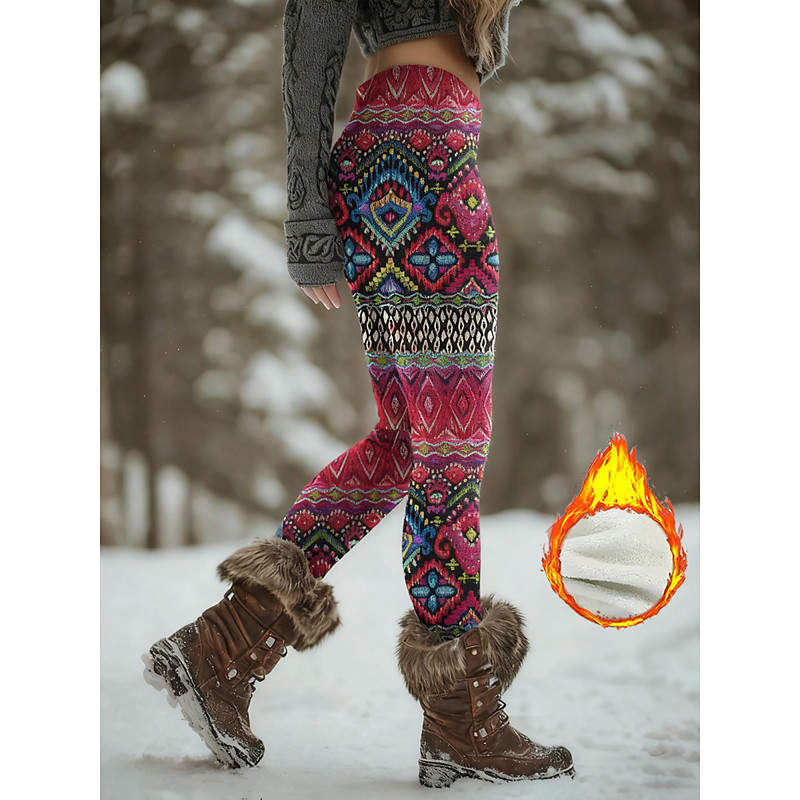 Women's Fleece Lined Leggings Leggings Vintage Ethnic Casual Full Length High Waist Graphic Geometric Pattern Abstract 3D Print Thermal Warm Windproof Comfy Stretchy Outdoor Home Street White Yellow