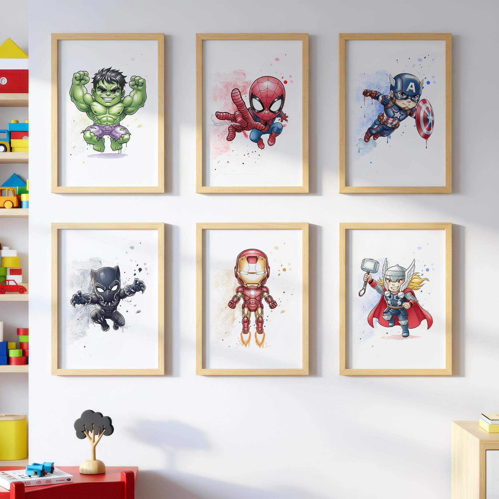 Set di 6 stampe artistiche da parete di supereroi / Hulk, Spider-Man, Capitan America, Black Panther, Iron Man, Thor / Poster per la decorazione della