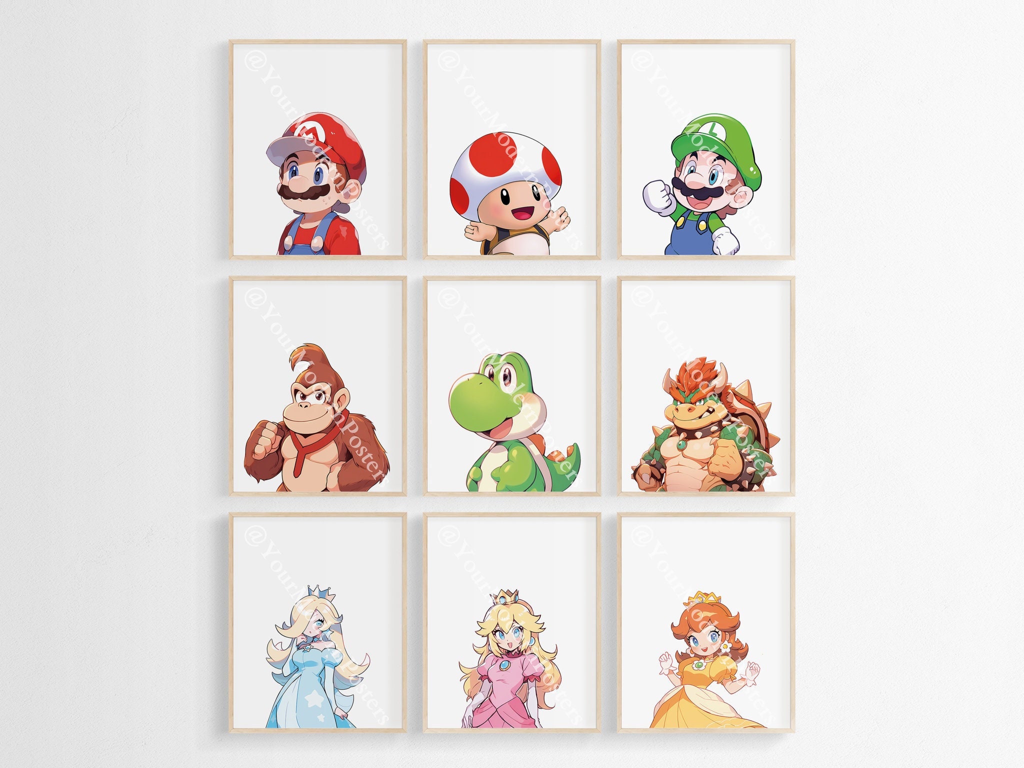 Grazioso set di 9 poster di Super Mario - Stampe per bambini, dipinti di Super Mario, decorazioni murali di Mario - Mario e Luigi - Poster acquerello,