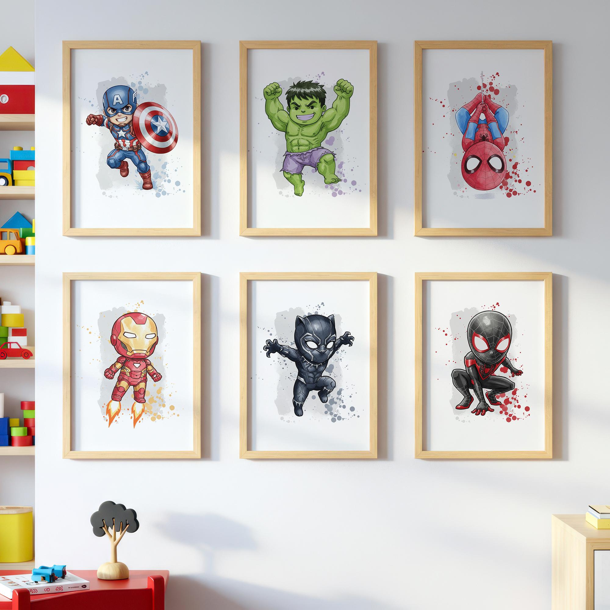 Set di 6 stampe artistiche da parete di supereroi / Capitan America, Hulk, Spider-Man, Iron Man, Black Panther, Miles Morales / Poster per la decorazi