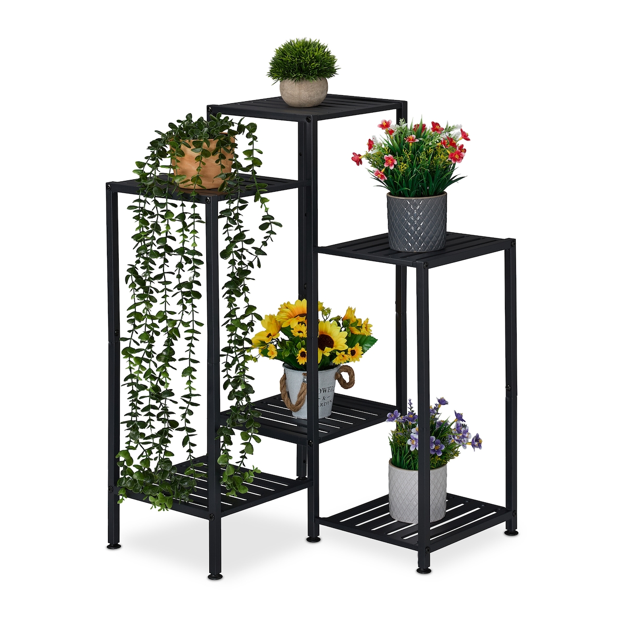 Relaxdays Blumenregal aus Metall, 6 Ablagen für Blumen- & Pflanzentöpfe, Pflanzentreppe, HBT: 81 x 55 x 55 cm, schwarz Image