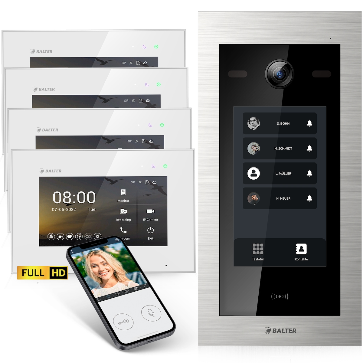 HD Video Türsprechanlage mit Touchscreen und RFID für 4 Familienhaus, 4x Monitore, Balter EVO HD Touch Image