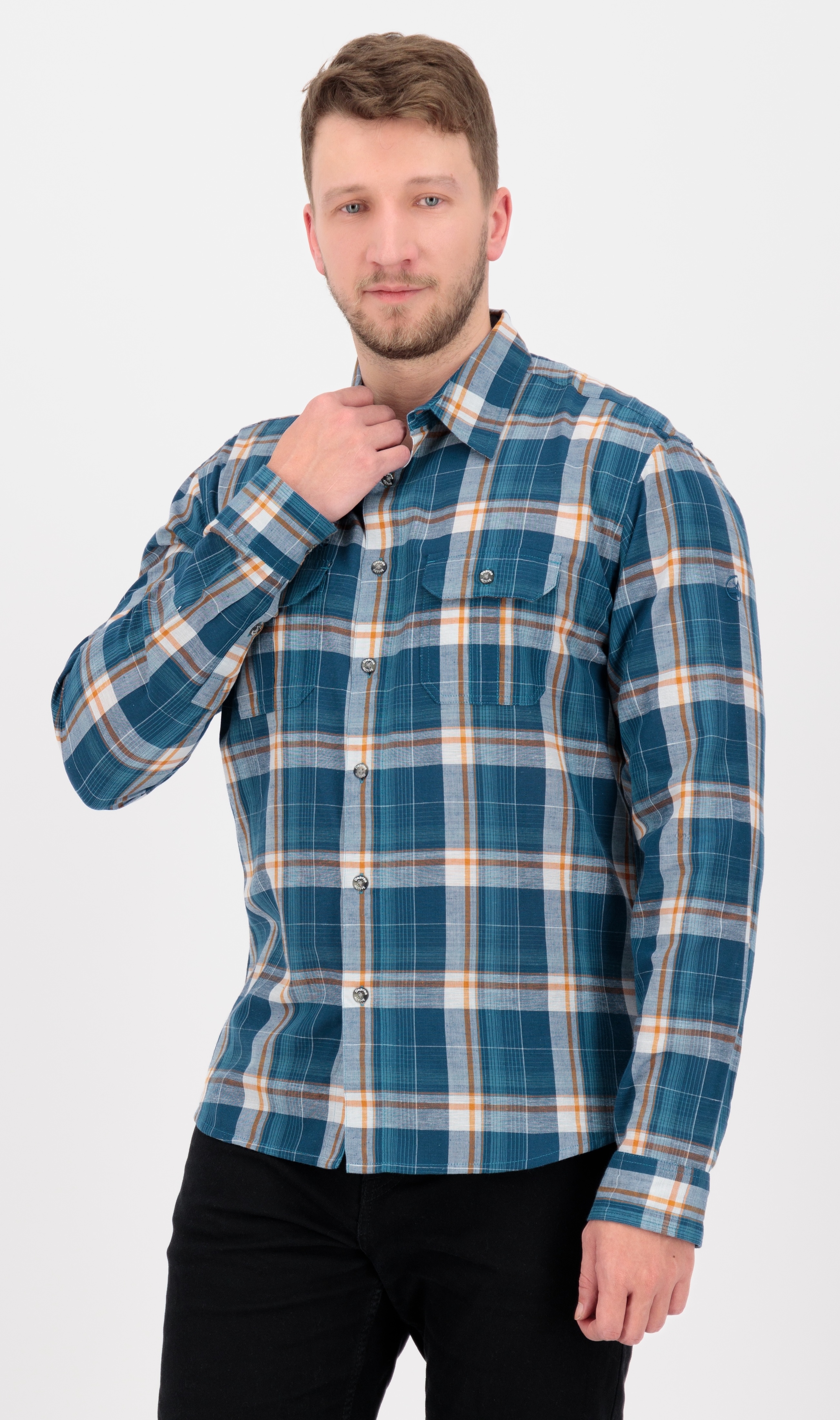 Outdoorhemd DEPROC ACTIVE "DENVER M MEN", Damen, Gr. 6XL (64), Normalgrößen, blau, orange, check, 50% Polyester; 40% Baumwolle; 10% Leinen, Hemden, auch in Großen Größen erhältlich