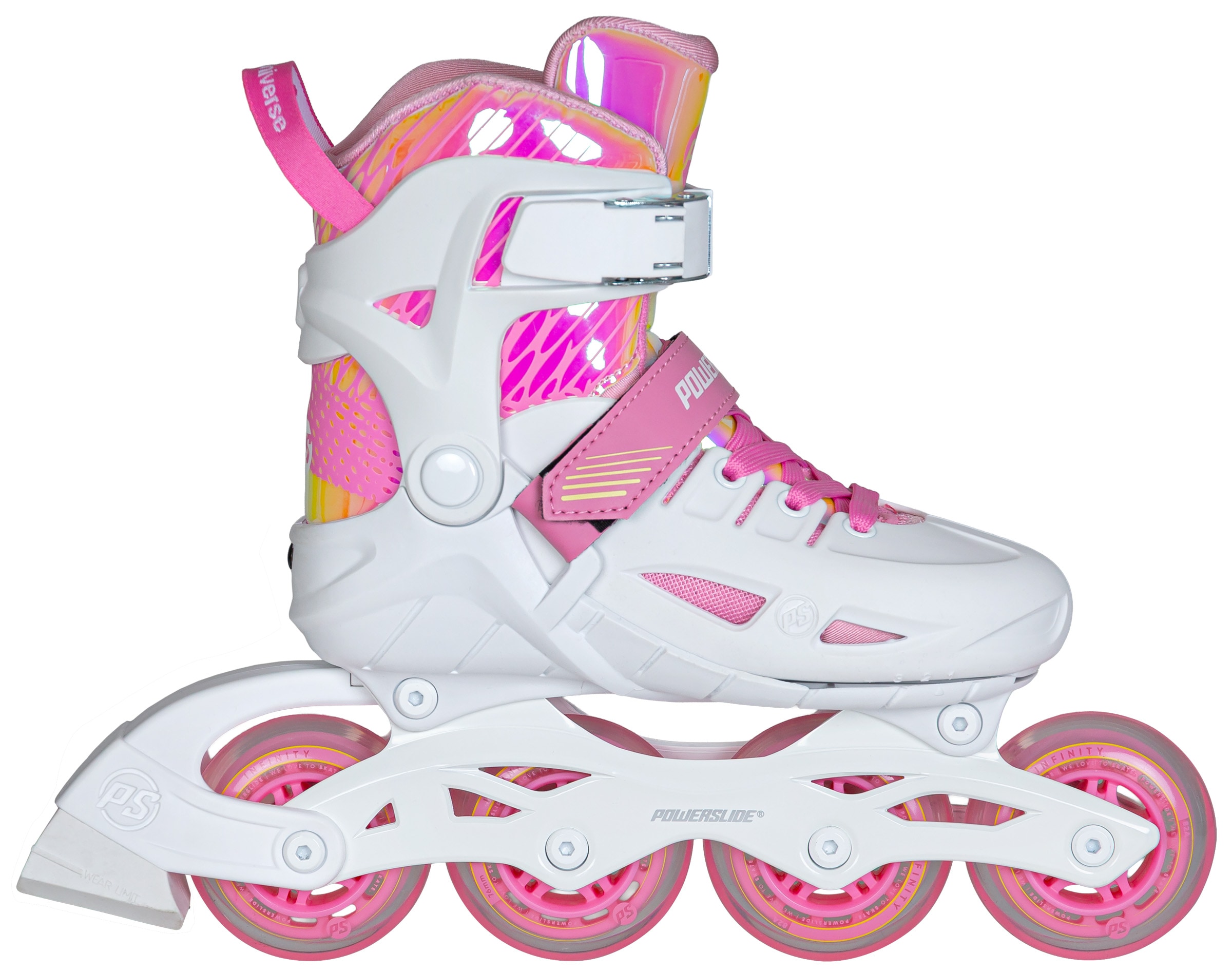 Inlineskates POWERSLIDE "Universe Pink 4W Kids adj" Gr. 33, weiß, Inlineskates_Rollschuhe, Kinder, 33/36 (bis 80 kg), Kunststoff