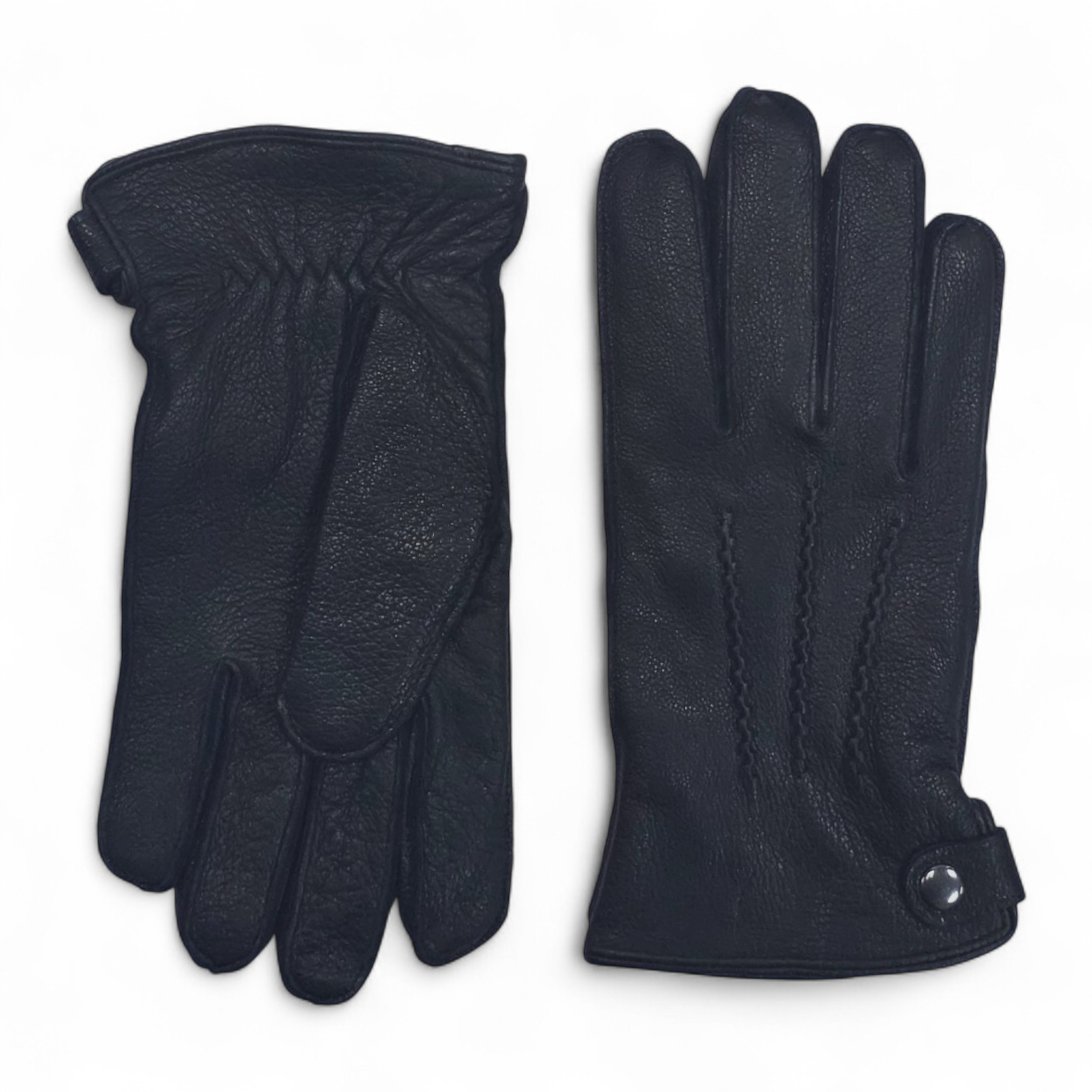 Schwarze Herren-Winterhandschuhe aus italienischem Leder mit warmem Wollfutter, ideal zum Radfahren, Autofahren und für Freizeitaktivitäten. Image