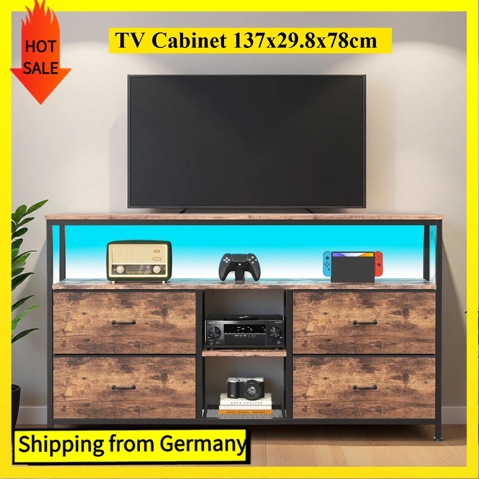 Comanlai Meuble TV 137 cm avec LED et 4 tiroirs en tissu, meuble TV vintage en bois avec compartiments ouverts, tableau intérieur pour le salon