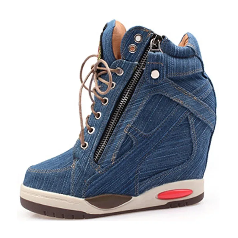 Comemore Damen Denim Keile High Top Sneakers Plattform lässig Mode Frau Reiß verschluss vulkan isierte Schuhe dicken Boden große Größe 41