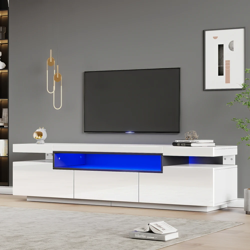Eleganter Hochglanz-TV-Schrank 160 x 39 x 42 cm mit 16-Farben-LED-Beleuchtungsraum für 70-Zoll-Fernseher, inklusive 3 Schubladen-TV-Ständern