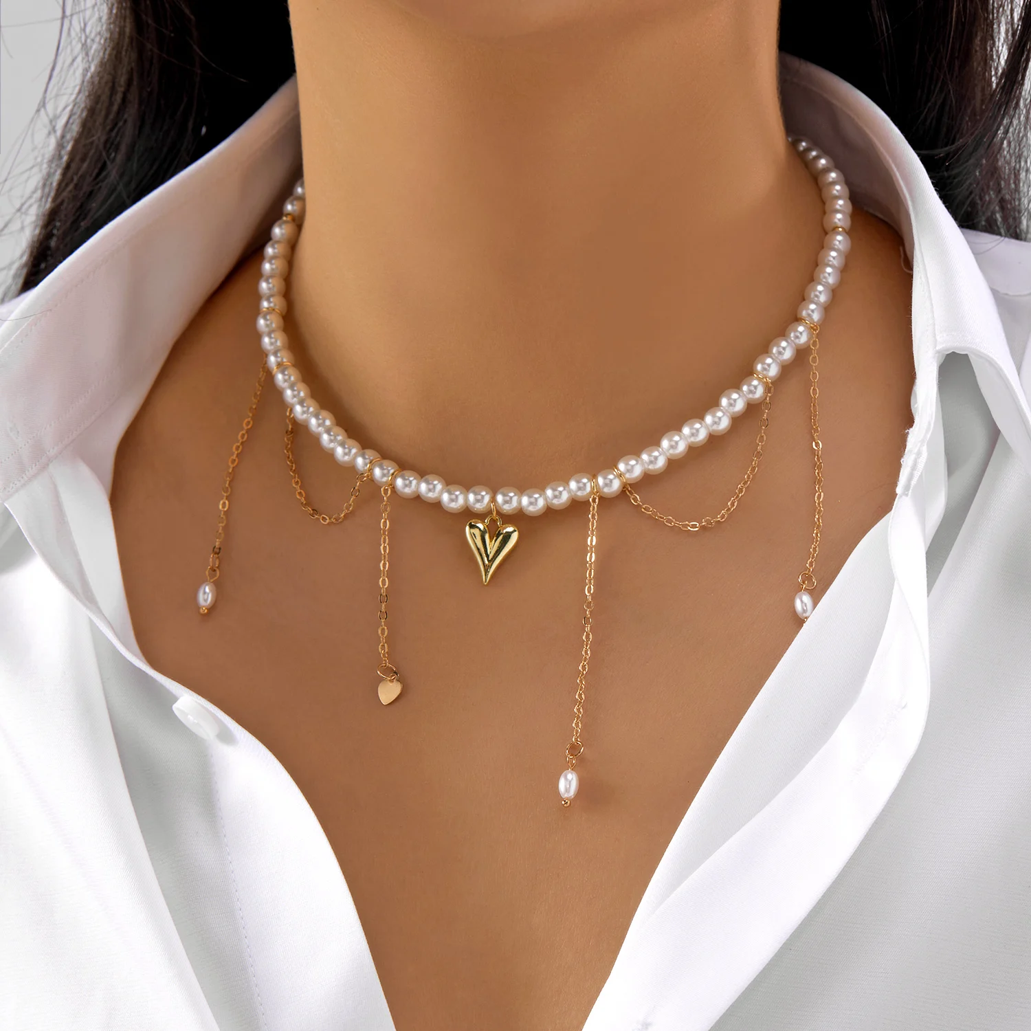 Vintage Liebe Herz Perle Quaste Link Anhänger Choker Halskette Für Frauen Kreative Imitation Perle Schlüsselbein Kette Partei Schmuck Image