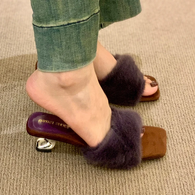 High Heels Frauen Flauschige Hausschuhe Karree Sandalen Frau Schuhe 2025, Winter Sexy Kleid Pumpen Slingback Flip-Flops Mujer Zapatos