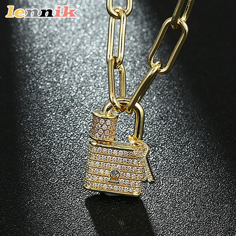 LENNIK Damen-Halskette aus echtem Gold, kreativer Mikro-Intarsien-Zirkon-Schlüsselschloss-Anhänger, stilvoller Ins-Viral-Stil, vielseitiger Schmuck Image