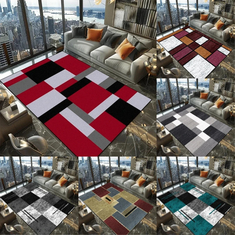 Moderner Teppich mit geometrischem Muster, Rot, Schwarz, Grau, Weiß, Braun, Blaugrün, große Teppiche für Wohnzimmer, waschbare weiche Fußmatten Image