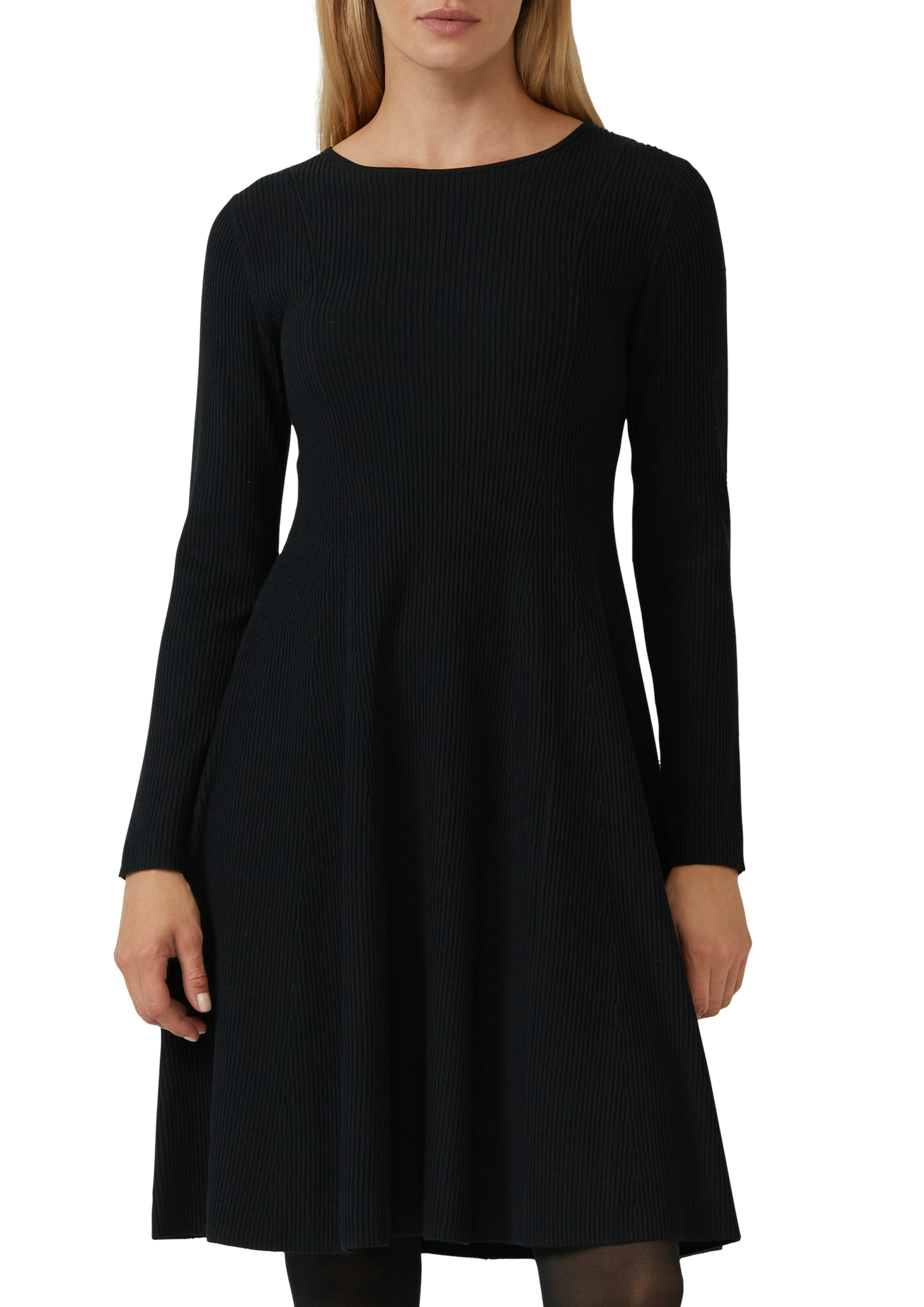 Strickkleid S.OLIVER BLACK LABEL, Damen, Gr. 34, N-Gr, schwarz (grau, schwarz), Feinstrick, Obermaterial: 71% Viskose, 29% Polyester, Strukturmuster, unifarben, regular fit, Rundhals, gerader Abschluss, Kleider Strickkleid, mit Ajour-Detail