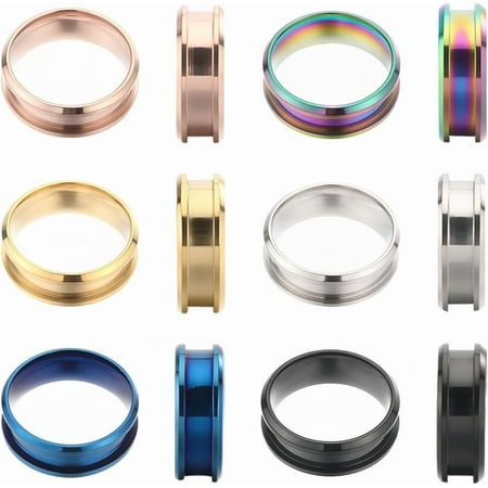 1 Box 12Pcs Inlay Ring Blanks Stainless Steel Finger Rings Blank Size 9 Blue Black Golden Grooved Ring Core Blanks Laser Inscription Plain Band Rings for Men Women Jewelry Making Supplies for DIY