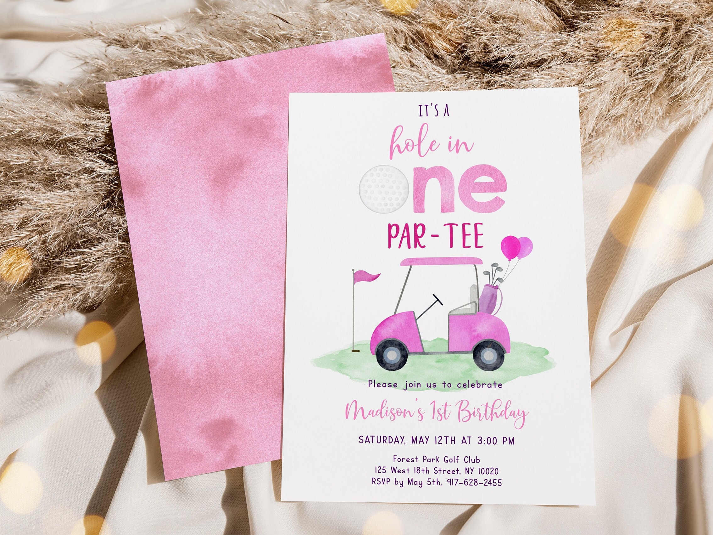 Invito di compleanno modificabile Hole in One Pink Golf Primo compleanno Par-tee Golf Primo compleanno Invito Ragazza Primo compleanno Download digita