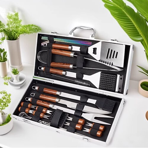 Grillset aus Edelstahl und Aluminiumbox, 24-teiliges Set für Grillbesteck, Camping und Outdoor-Aktivitäten Image