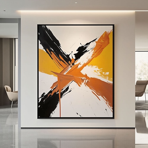 Handgemaltes, großes, minimalistisches, abstraktes Ölgemälde auf Leinwand, orangefarbenes Gemälde, schwarze Acrylmalerei auf Leinwand, zeitgenössische weiße Malerei, Bürodekoration Image