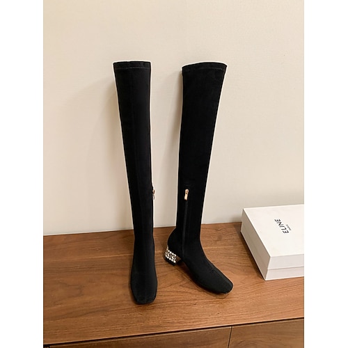 Overknee-Stiefel aus Wildleder für Damen mit Strass-Blockabsatz, Reißverschluss, stilvoll und elegant für Winter oder Abendveranstaltungen Image