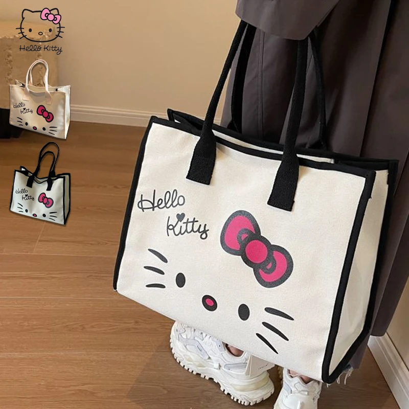 Hello Kitty grand sac fourre-tout mignon Kawaii toile sac à bandoulière pour femmes filles écologique sac à provisions décontracté mode à la mode