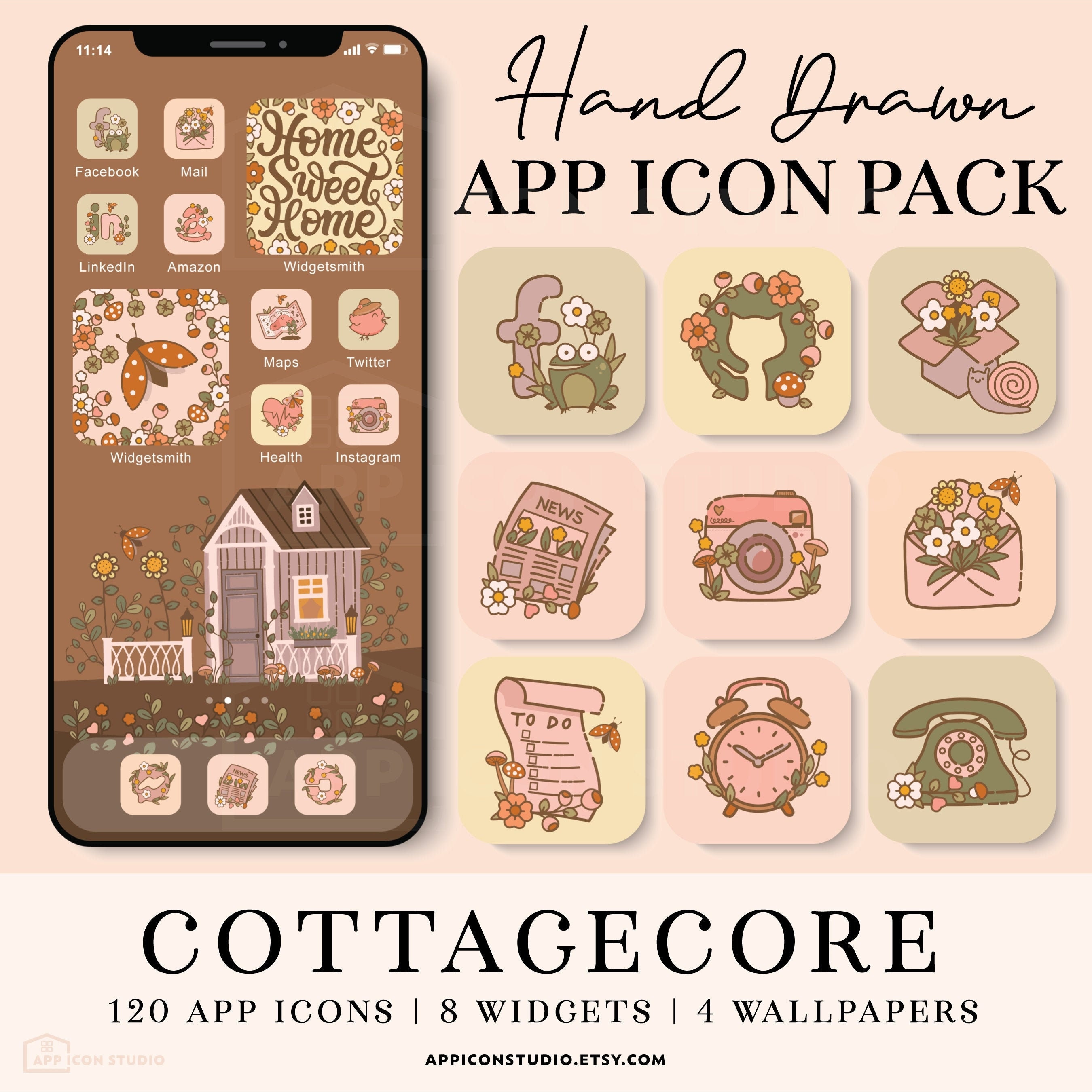 Icone estetiche per app Cottagecore, icone iOS, icone iPhone, icone Cottagecore iOS 14, copertine per app, icone social in evidenza, icone carine, 210