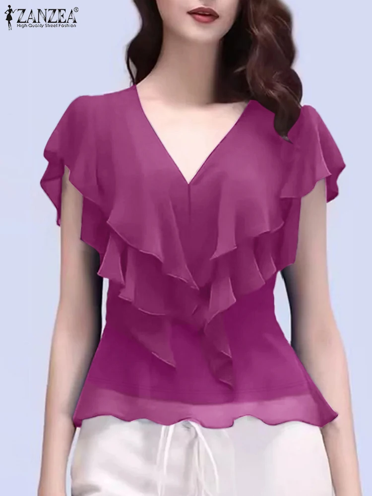 ZANZEA Elegant Womens Chiffon Sheer Blouses 2025 Summer Fashion Ruffles V-Neck Short Sleeve Solid Color Tops Woman Clothes S-3XL