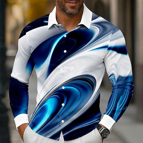 Herren Geometrisch Farbverlauf Abstrakte Kunst Hemd Knopfhemd Langarm Modisch lässig Outdoor Alltagskleidung Frühling Herbst Umlegekragen 3D-Druck Hemden mit Kragen Blau Image